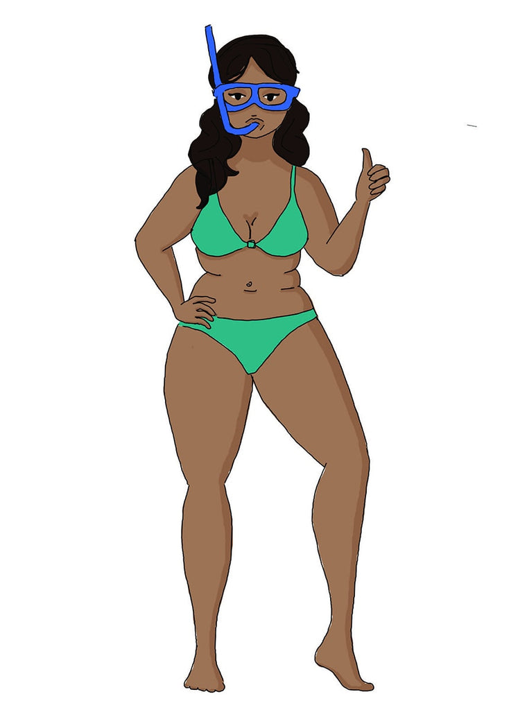 Dessin d'une jeune femme portant un bikini vert, un masque et un tuba. 