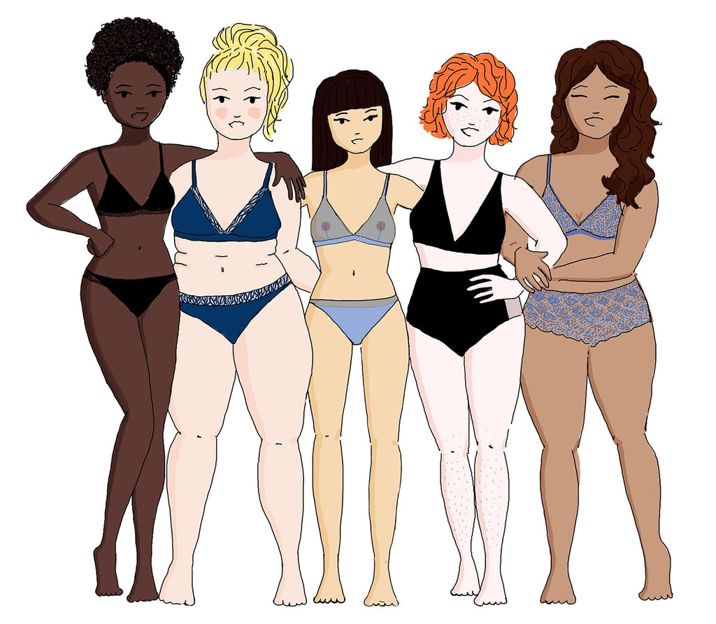 Dessin de jeunes femmes de différentes morphologies et couleurs de peau en lingerie. 